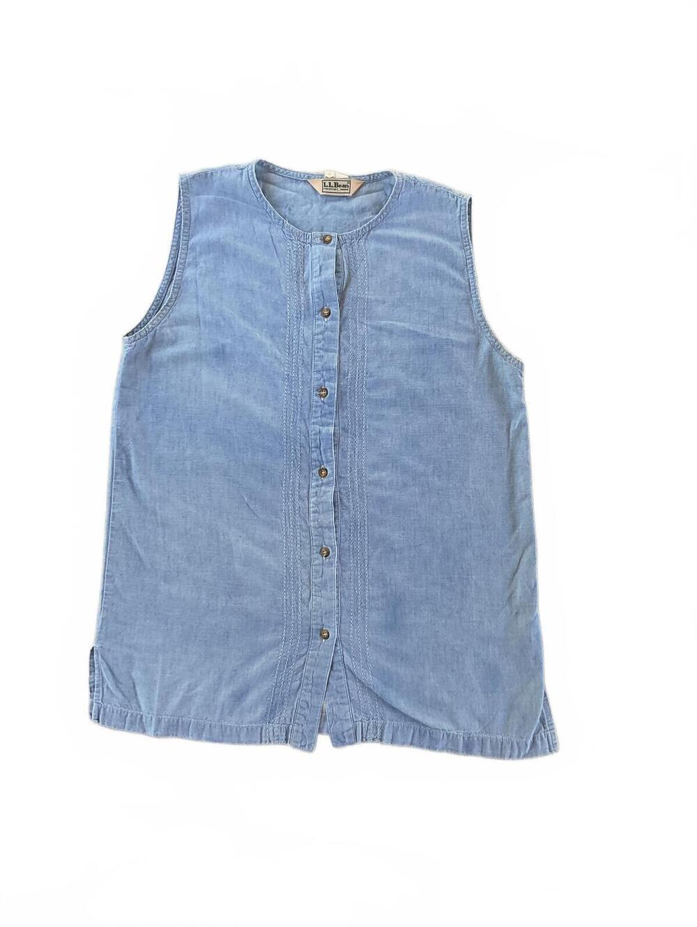 Vintage LL Bean Blue Chambray Sleeveless Button Front Shirt Pintuck Tank M